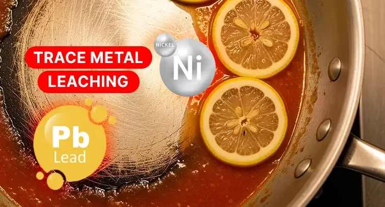Three different types of pans showing problems - chipped ceramic coating, very heavy cast iron skillet, titanium-coated pan with peeling surface
