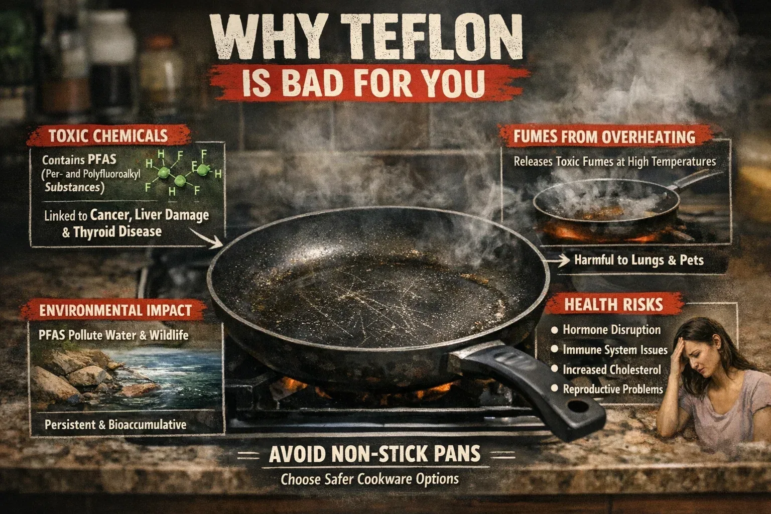 Infographic showing 98% statistic with warning colors about PFOA contamination in American population